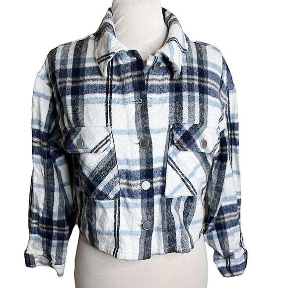 Zara Plaid Blue Flannel Shacket Cropped Button Up Jacket Medium - Picture 3 of 11